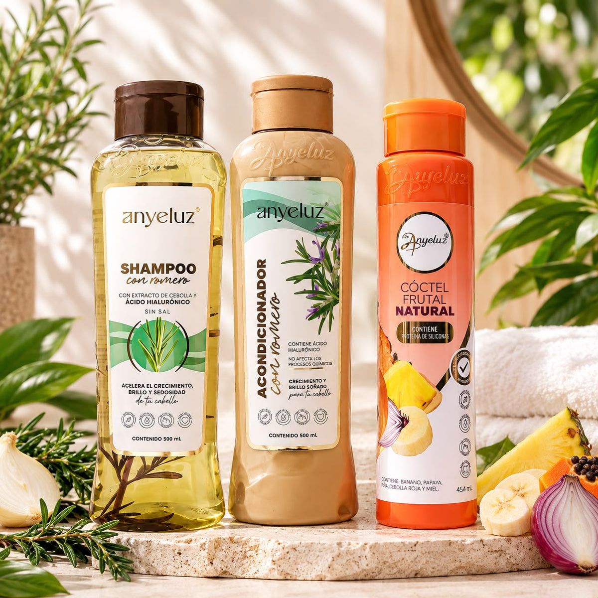 Kit Vitalidad Romero Anyeluz: Shampoo + Acondicionador + Cóctel de Frutas